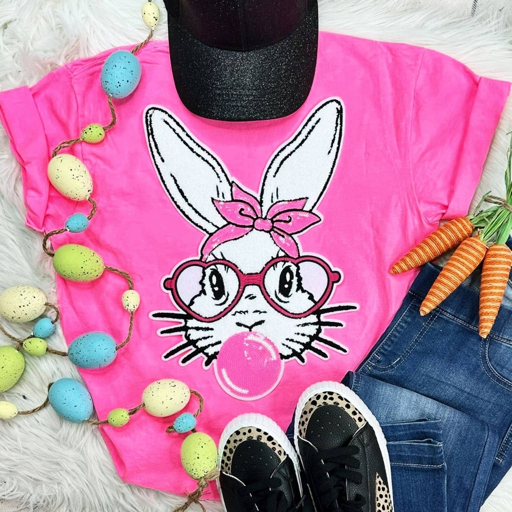 Bunny with Glasses Chenille Patch Pigment Dyed Tee